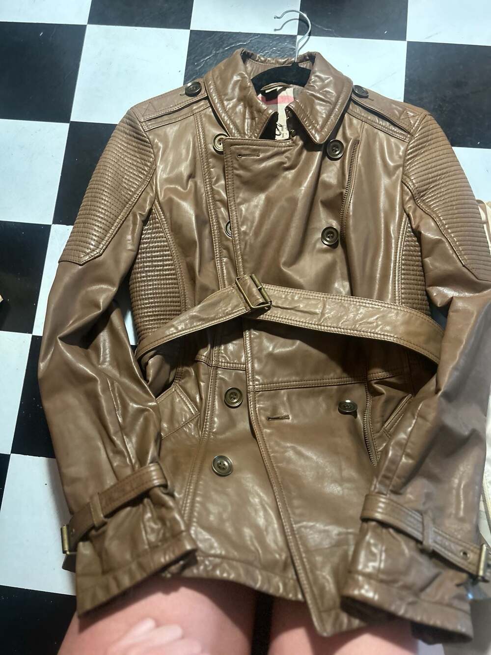 Burberry Brit Camel Brown Leather Quilted Double Breasted Belted Trench Jacket